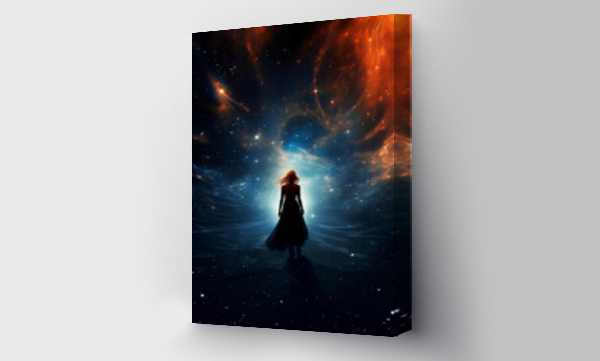 Wizualizacja Obrazu : #675210051 silhouette of a woman against the background of a nebula in space, standing with her back, light effects, nebula, stars and galaxy