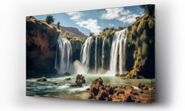 Wizualizacja Obrazu : #675241656 Famous Seljalandsfoss waterfall in South of Iceland, Ouzoud waterfalls, Grand Atlas in Morocco, AI Generated