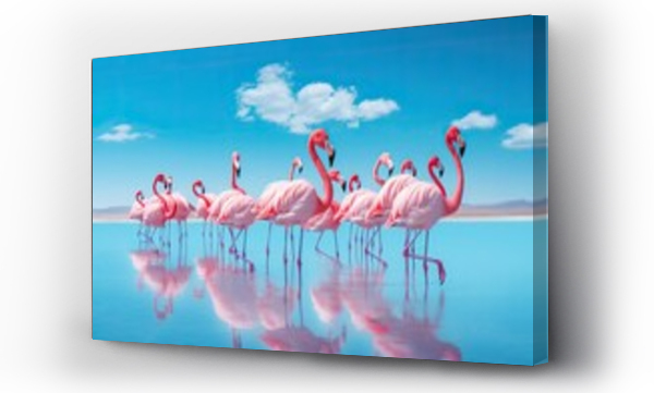 Wizualizacja Obrazu : #675243469 Flamingos in the lagoon of Salar de Uyuni, Bolivia, Group birds of pink african flamingos walking around the blue lagoon on a sunny day, AI Generated