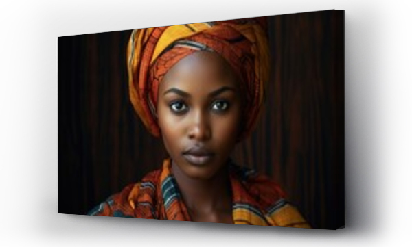 Wizualizacja Obrazu : #675342060 Close-up portrait of a Muslim dark-skinned woman with makeup wearing a turban against a dark background.