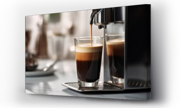 Wizualizacja Obrazu : #675445018 black coffee is poured into a glass cup that stands on a metal stand, on a blurred background of a coffee machine