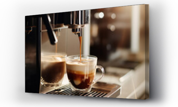 Wizualizacja Obrazu : #675567337 Close-up of a working coffee machine pouring fresh flavored coffee into a mug. Kitchen appliances, modern coffee maker. 
