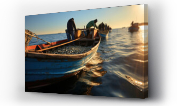 Wizualizacja Obrazu : #675571390 Fishermen heading out to sea early in the morning, highlighting their livelihoods. Generative Ai.