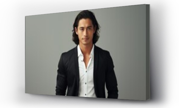 Wizualizacja Obrazu : #675603769 Asian groomed man in black suit and white shirt on light background