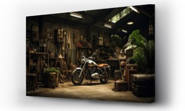 Wizualizacja Obrazu : #675654031 picture a vintage motorcycle parket in a dimly lit garage, copy space, 16:9