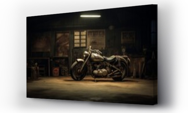 Wizualizacja Obrazu : #675654039 picture a vintage motorcycle parket in a dimly lit garage, copy space, 16:9