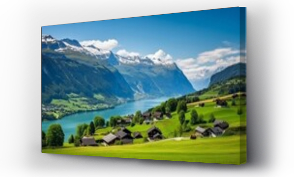 Wizualizacja Obrazu : #675667439 Idyllic Swiss nature landscape - green meadows surrounded by Alps mountains. Scenic lake Brienz, Iseltwald village