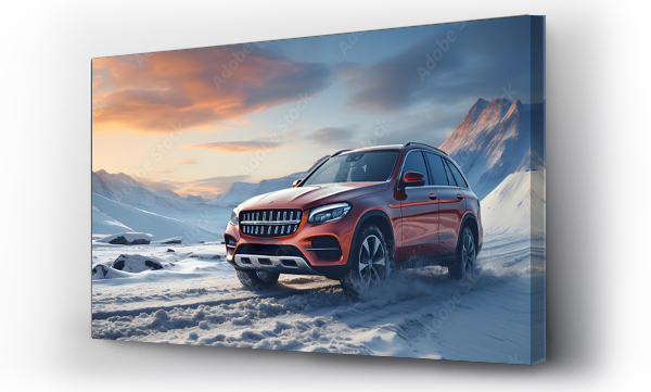 Wizualizacja Obrazu : #675772033 SUV rides on a winter forest road. A car in a snow-covered road among trees and snow hills