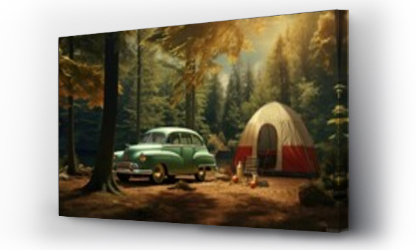 Wizualizacja Obrazu : #675976737 Weekend retro trip on vintage car to forest on camping