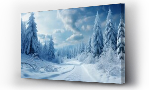 Wizualizacja Obrazu : #676075290 Enchanting winter panorama with glistening snow covered fir branches and delicate snowfall