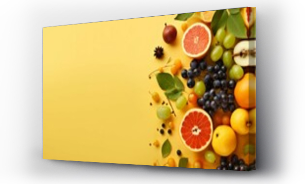 Wizualizacja Obrazu : #676100477 Top view creative composition made from oranges and fruits on pastel yellow background. Fresh fruit minimal concept with flat lay