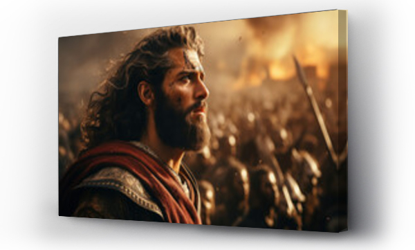 Wizualizacja Obrazu : #676131274 An illustration portrays biblical King David on the battlefield, reflecting Christian themes and concepts from the Old Testament. Generative Ai.