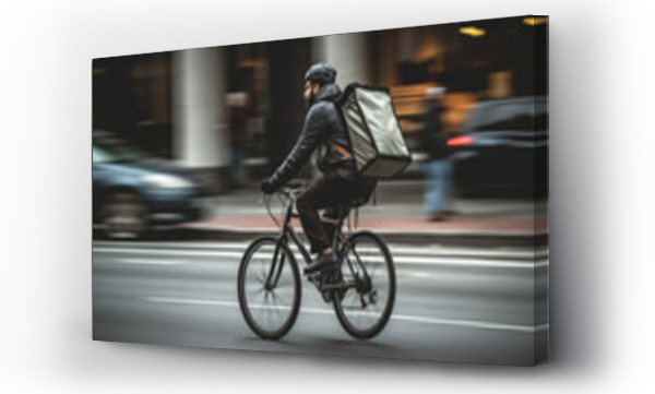 Wizualizacja Obrazu : #676137791 Delivery Man Riding Bike. Male cyclist riding in the city. Delivery man riding bike delivering food and drink in town outdoors on stylish bicycle with backpack. Delivery concept. Food concept. Cycling