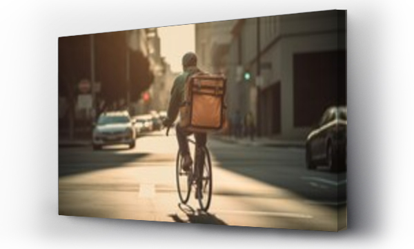 Wizualizacja Obrazu : #676137857 Delivery Man Riding Bike. Male cyclist riding in the city. Delivery man riding bike delivering food and drink in town outdoors on stylish bicycle with backpack. Delivery concept. Food concept. Cycling
