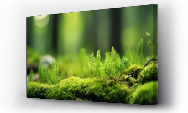 Wizualizacja Obrazu : #676197334 Green moss in a bright forest clearing. Seasonal natur background with bokeh and short depth of field. Close-up with space for text. : Generative AI