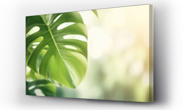 Wizualizacja Obrazu : #676377855 Monstera leaf in garden blurred background.