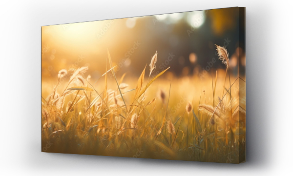 Wizualizacja Obrazu : #676453175 In the vintage landscape the summer sun bathes the green grass in a warm golden light creating a breathtaking bokeh effect against the autumn backdrop of colorful plants and a serene natura