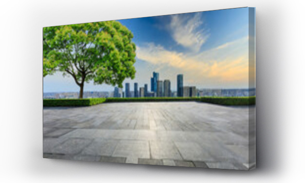 Wizualizacja Obrazu : #676487661 empty city square and green tree with modern city skyline scenery