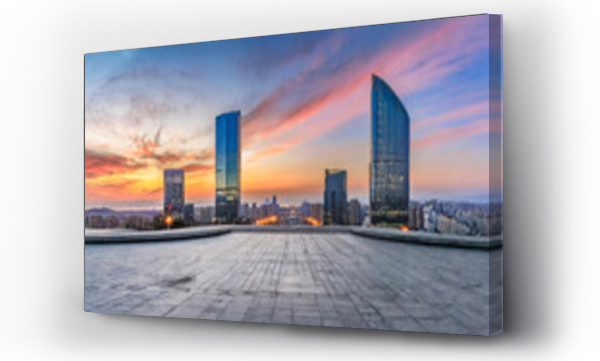 Wizualizacja Obrazu : #676771420 city square and skyline with modern buildings at sunset