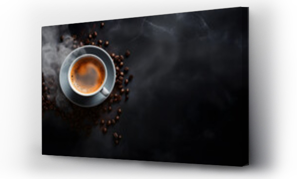 Wizualizacja Obrazu : #677035614 
a Cup Of hot Coffee and roasted coffee beans with a dark background for Copyspace - top view