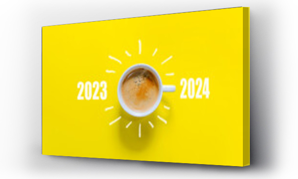 Wizualizacja Obrazu : #677074736 Happy new year and Merry Christmas 2024. Cup of coffee change and download 2023 to 2024 on yellow background. Start up and New Year Concept. Copy space