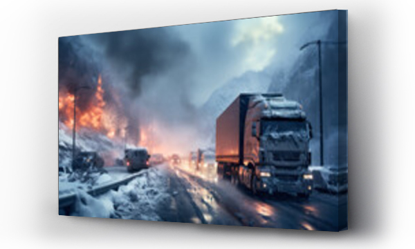 Wizualizacja Obrazu : #677111429 Winter truck and car drives on a road through cloudy landscapes in a snowstorm