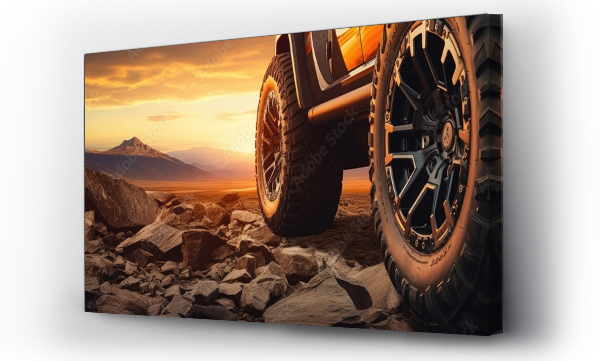 Wizualizacja Obrazu : #677308535 Close up photo of a large offroad wheel with a 4x4 car set against a sunset and mountains representing the travel concept Copy space image Place for adding text or design