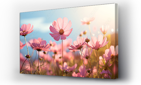 Wizualizacja Obrazu : #677453759 Pink cosmos flower field in garden with blurry background and soft sunlight. Close up flowers blooming on softness style in spring summer under sunrise