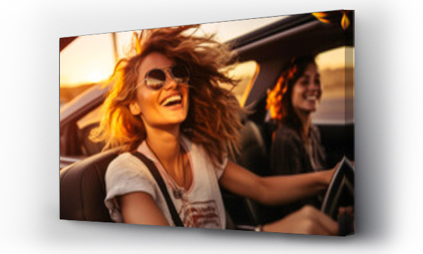 Wizualizacja Obrazu : #677475649 Two Young Women Reveling in Sunset Road Trip Fun