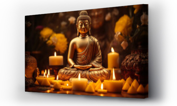Wizualizacja Obrazu : #677567253 A golden Buddha statue sits serenely, surrounded by flickering candles and wisps of incense smoke, inviting contemplation