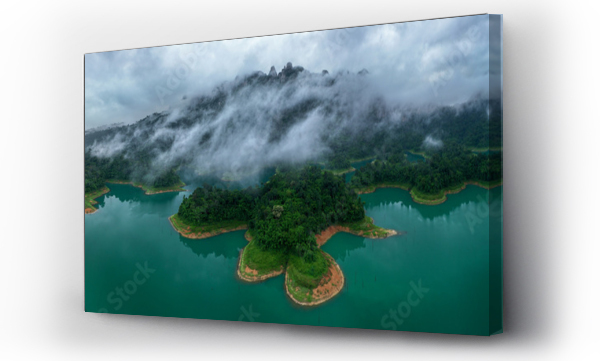 Wizualizacja Obrazu : #677605809 Aerial drone view of island on the lake, tropical Mountain peak , Khao Sok National Park, Thailand