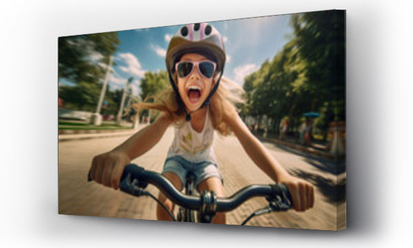 Wizualizacja Obrazu : #677615071 Cute teenage girl riding a bicycle in summer park. Cheerful teenager having fun on a bike on sunny evening.
