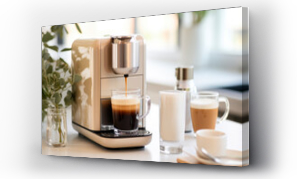 Wizualizacja Obrazu : #677636392 Modern coffee machine with cups on table in kitchen. Modern coffee machine in the process of producing aromatic coffee.