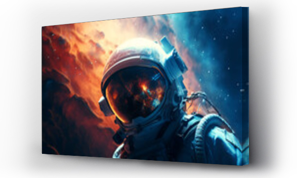Wizualizacja Obrazu : #677684021 Close-up colorful illustration of an Astronaut in a spacesuit with mirrored protective glass, looking at the camera against the backdrop of space and colorful galaxies. space wallpaper.
