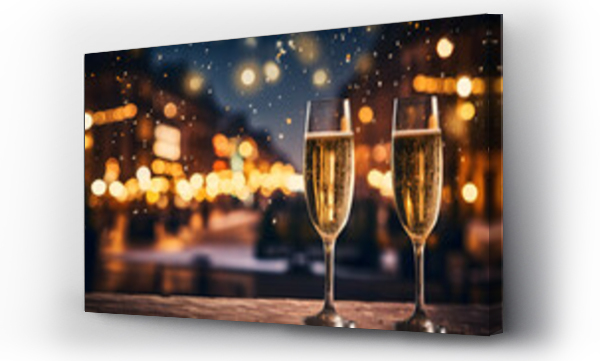 Wizualizacja Obrazu : #677688038 Champagne glasses sit on a table against the background of a festively decorated city square during winter celebrations. Christmas and New Year celebrations card with champagne.