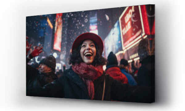 Wizualizacja Obrazu : #677740713 woman cheering celebrate new year eve time square Manhattan under the led billboard signage  