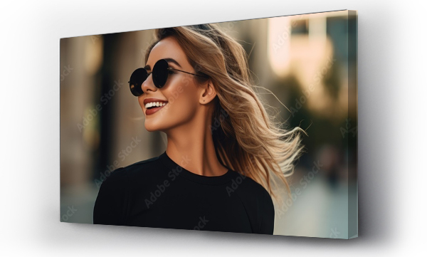 Wizualizacja Obrazu : #677812067 The stylish woman in the city is a business savvy girl who embraces summer fashion with her radiant smile perfectly styled hair and trendy retro black outfit exuding beauty and luxury while