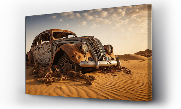 Wizualizacja Obrazu : #677824903 old classic wreck of retro vintage car left rusty ruined and damaged abandoned in the Sahara desert for aftermath apocalyptical and lost forgotten concepts as copyspace banner