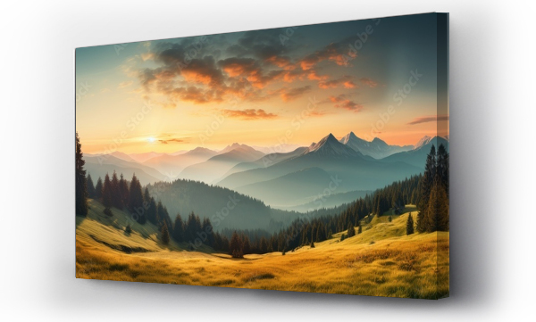 Wizualizacja Obrazu : #677877197 As the sun sets behind the vast mountain range casting a warm glow on the autumn forest the sky transforms into a canvas of vibrant colors serving as a mesmerizing background to the picture
