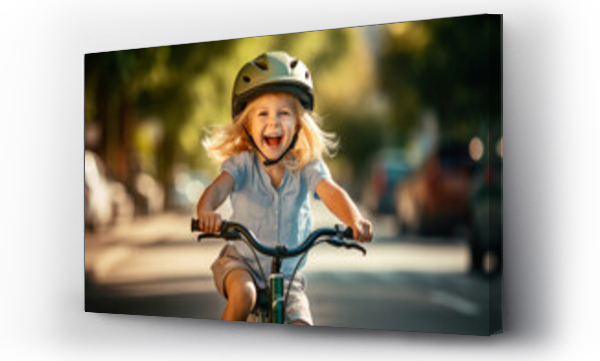 Wizualizacja Obrazu : #677923868 Cute little girl riding a bicycle in summer park. Cheerful little child having fun on a bike on sunny evening.