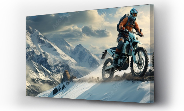 Wizualizacja Obrazu : #678088454 Person riding a motorcycle over snowy mountains and snow path
