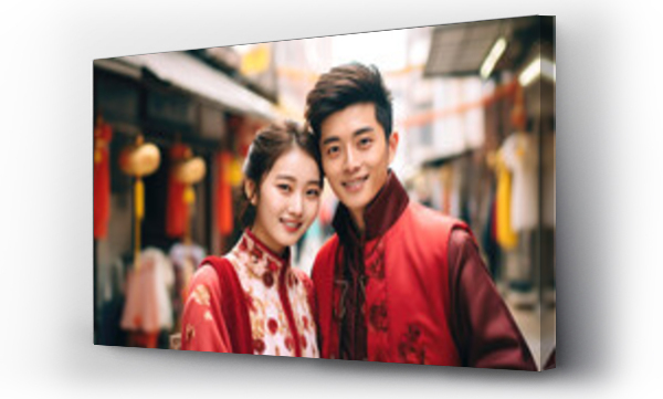 Wizualizacja Obrazu : #678139665 Portrait of Chinese couple with Chinese traditional clothing, on Chinese new year street
