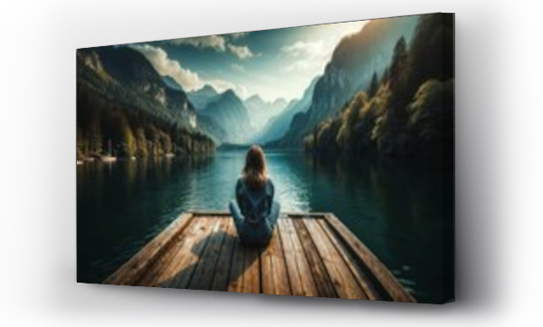 Wizualizacja Obrazu : #678286726 Young woman meditating on wooden pier with waterfall backdrop - serene nature photography