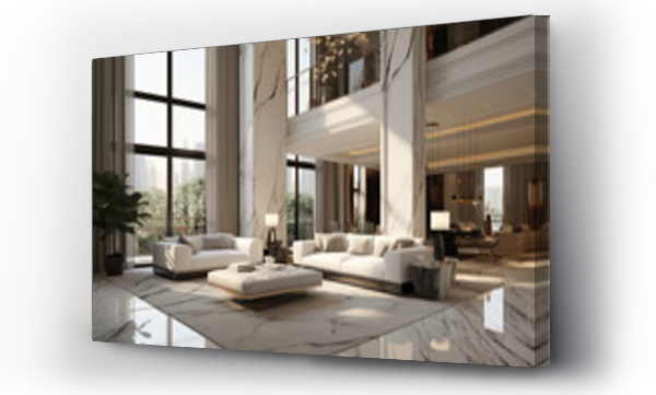 Wizualizacja Obrazu : #678429141 Lavish fancy modern house apartment home interior, marble floor, High ceilings, High glass windows, art deco inspired 