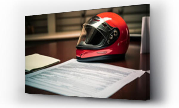 Wizualizacja Obrazu : #678600816 A motorcycle insurance document is laid out on a table, next to a motorcycle helmet