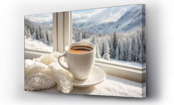 Wizualizacja Obrazu : #678663578 Cup of coffee on the windowsill, scarf on the background of the window