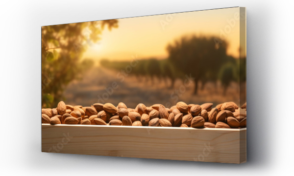 Wizualizacja Obrazu : #678667953 Almond nuts harvested in a wooden box in a plantation with sunset. Natural organic fruit abundance. Agriculture, healthy and natural food concept. Horizontal composition, banner.