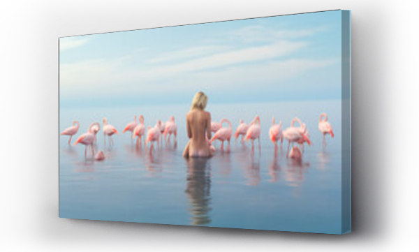 Wizualizacja Obrazu : #678749646 A woman with flamingos in the beach