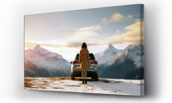 Wizualizacja Obrazu : #678865405 Woman traveling exploring, enjoying the view of the mountains, landscape, lifestyle concept winter vacation outdoors. Female standing near the car in sunny day, travel in the mountains, freedom