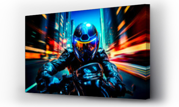 Wizualizacja Obrazu : #678901335 Man riding motorcycle on city street at night wearing helmet and goggles.